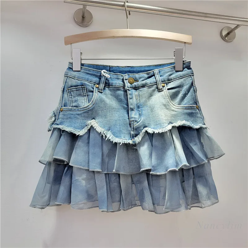 

Fashion Color Contrast Sweet Lotus Leaf Stitching A- Line Stretch Denim Skirt Women Korean Style High Waist Slimming Short Skirt