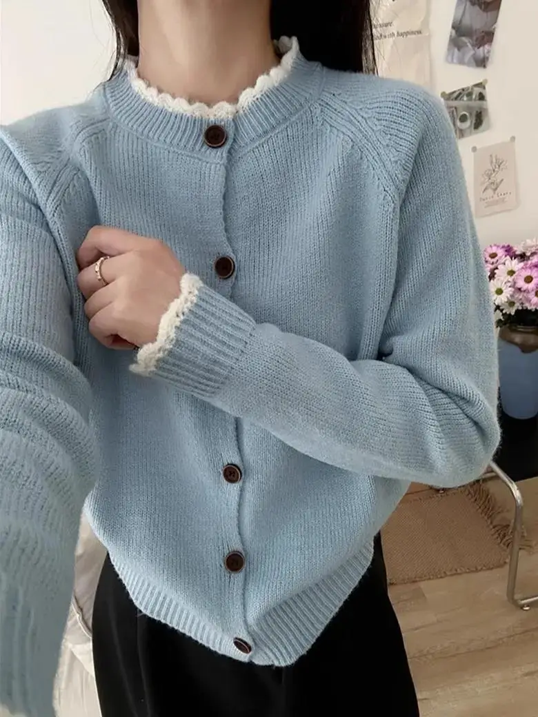 

Осенний новый женский вязаный свитер-кардиган с круглым вырезом, свободный крой, однотонный, из полиэфирного волокна