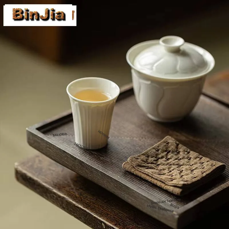 2pc/lot Ding Kiln White Ceramic Lotus Petal Teacup Elegant Tea Bowl Cup For Tea Fragrance Cup Chazhan Mug Teaset Supplies 45ML