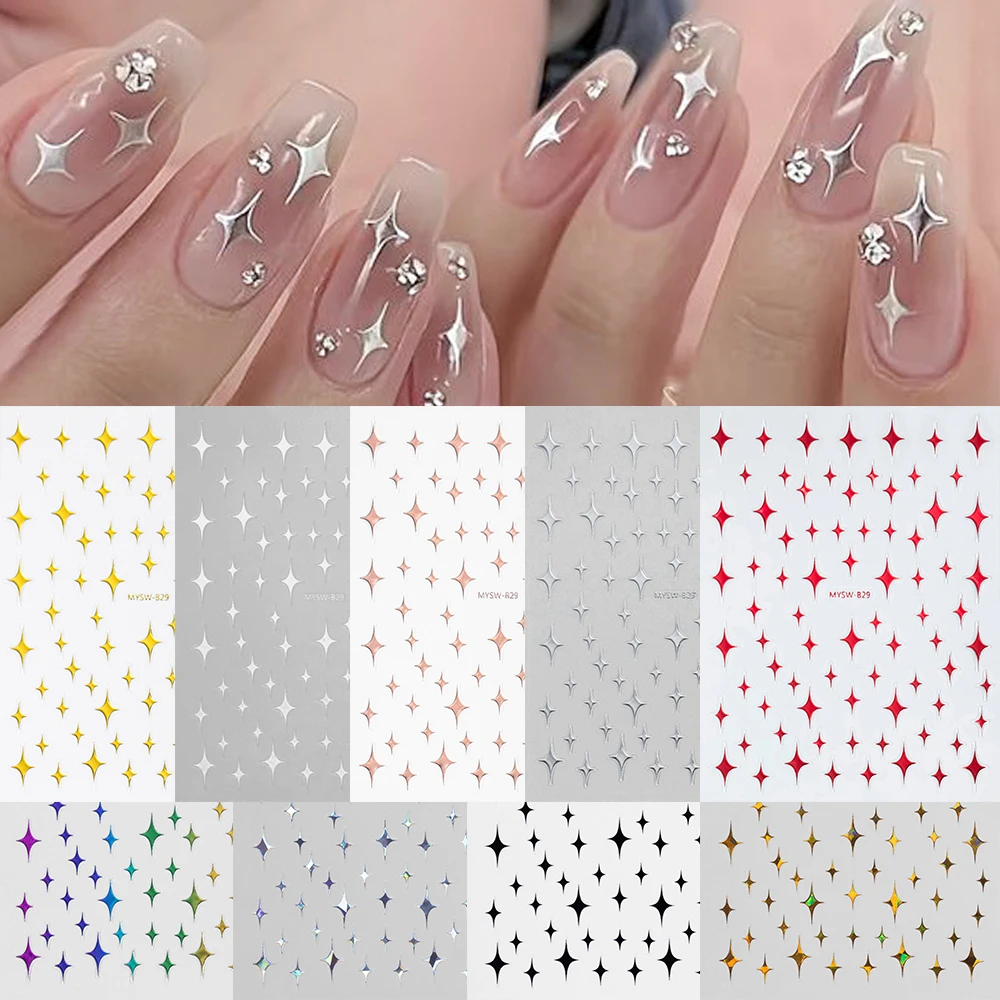 Pegatinas 3D de estrellas doradas y plateadas para uñas, 9 piezas, estrellas bronceadoras, calcomanías para manicura