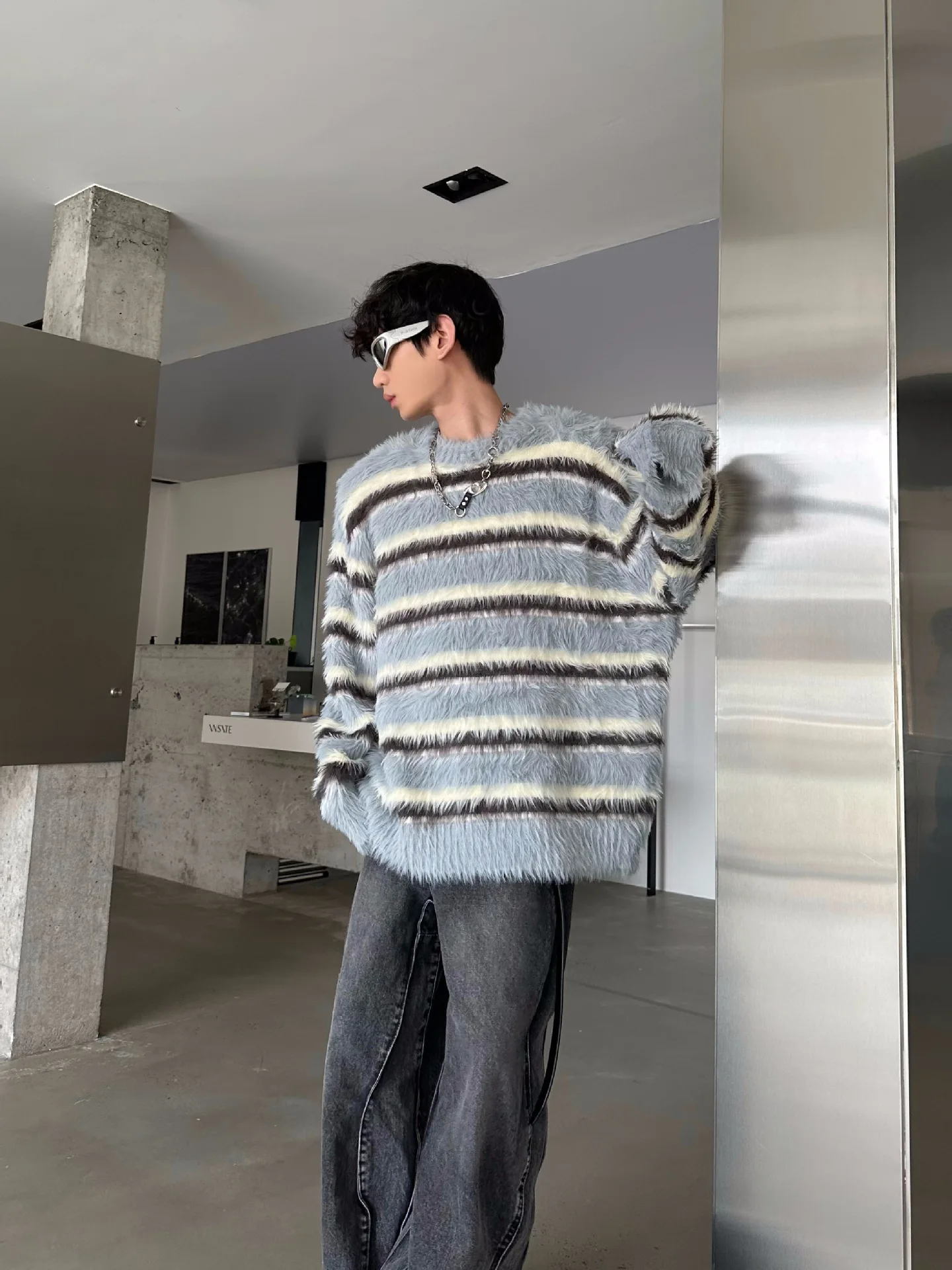 

Fur Collar Pullovers Pink Mens Textured Waffle Style Pure Cotton Advanced Breathable Performance Marl Fiber Multifunctional Boxy