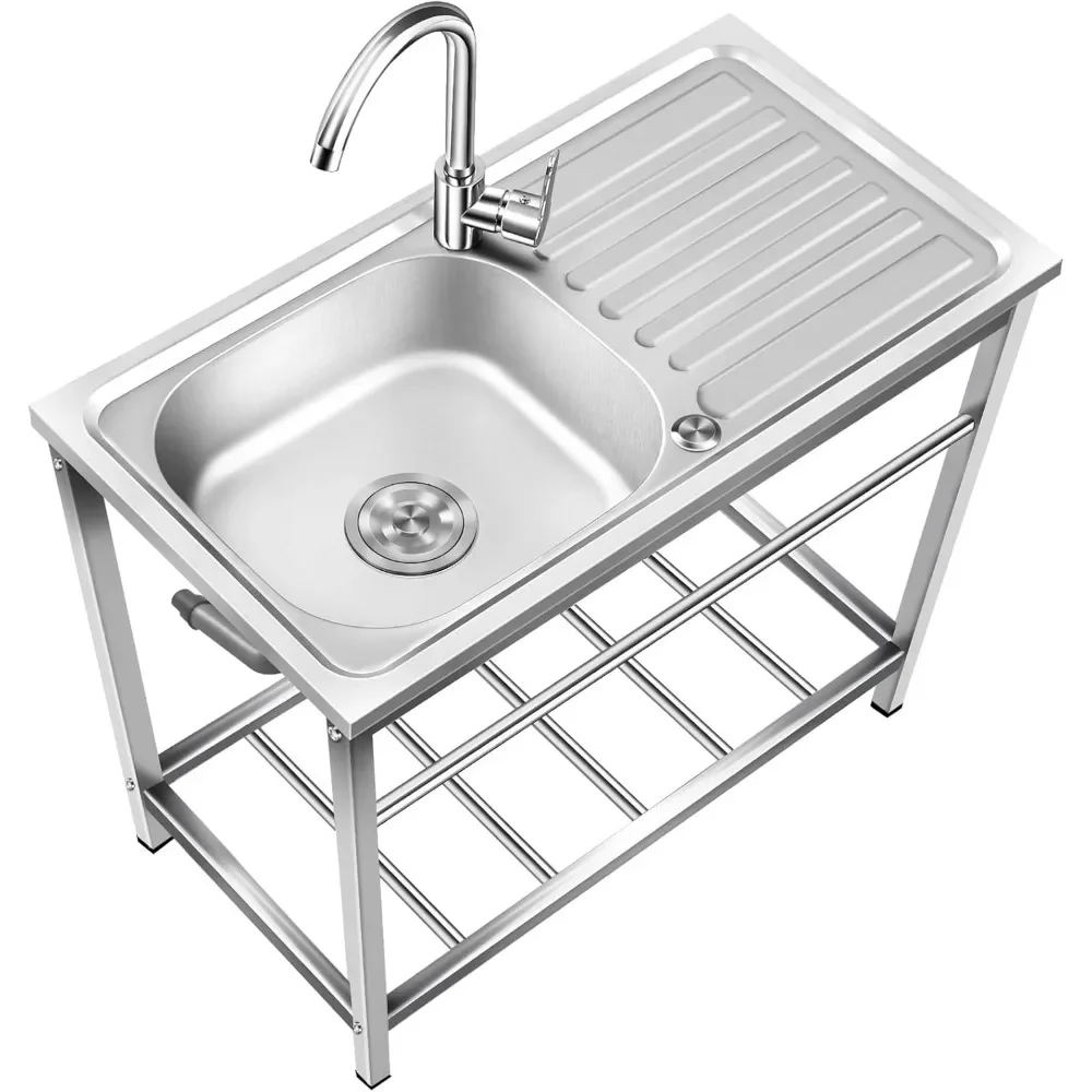 Outdoor Free Standing Sink, Utility Stainless Steel Kitchen Single Bowl Washing Hand Basin Station Sink