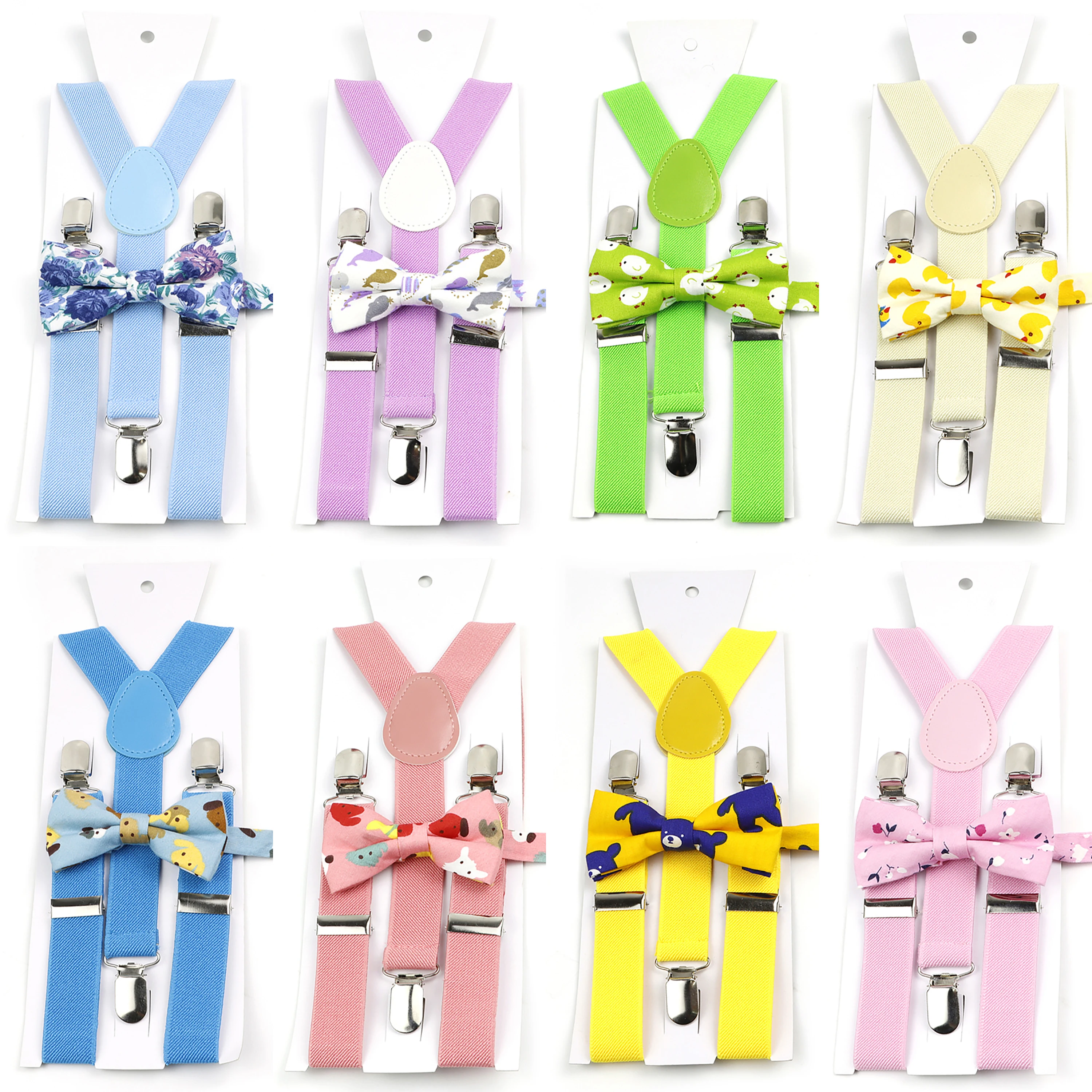 Solid Color Kids Suspenders Cartoon Animal Floral Bowtie Set Boys Girls Adjustable Elastic Y-Back Brace Wedding Tie Accessories