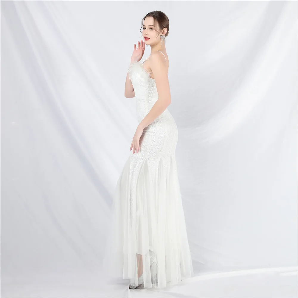 Long White 2024 Mermaid Dress Evening Sweetheart Spaghetti Straps Backless Feathers Sequin Elastic Women Party Prom Gowns