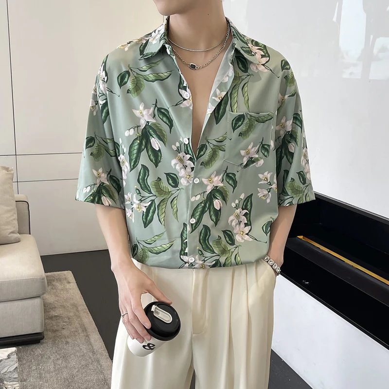 Ice Silk Flower Men's Casual Shirt Short Sleeve Summer Hawaiian Handsome Lightweight Maturity Style Loose Fit Printed Polyest...