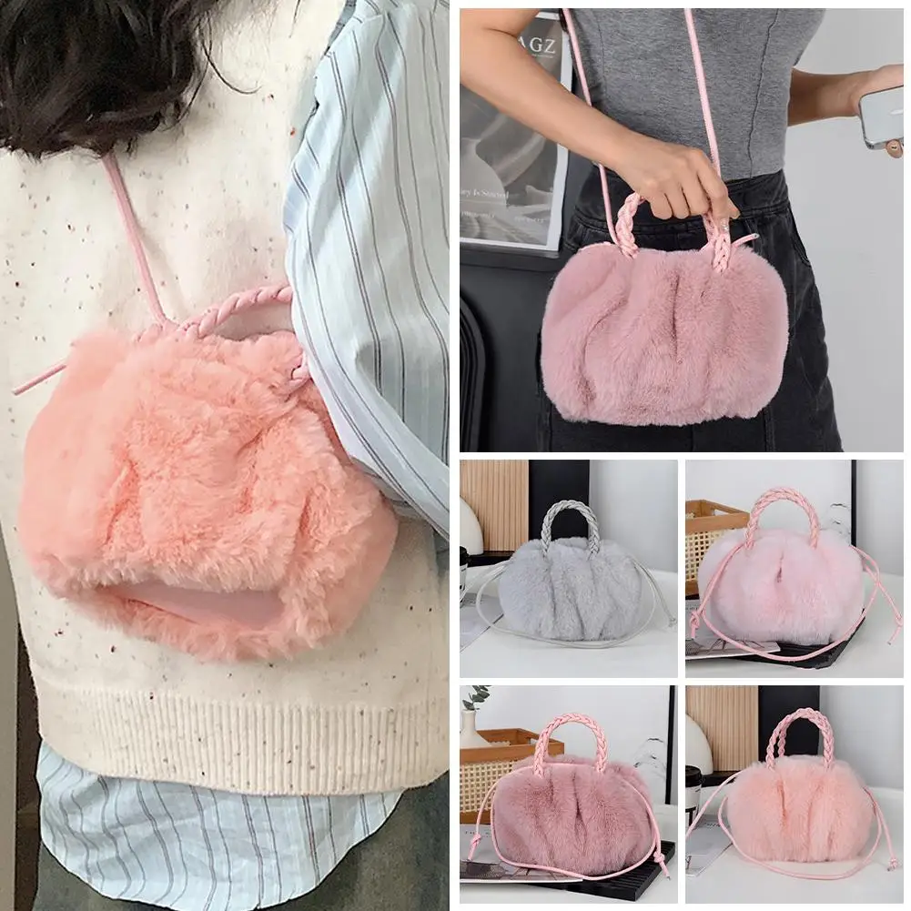 Pink Crossbody Pumpkin Plush Bags Women's New Tote Niche Clouds Pleated Fashion Faux Material Plush Bags N7T3