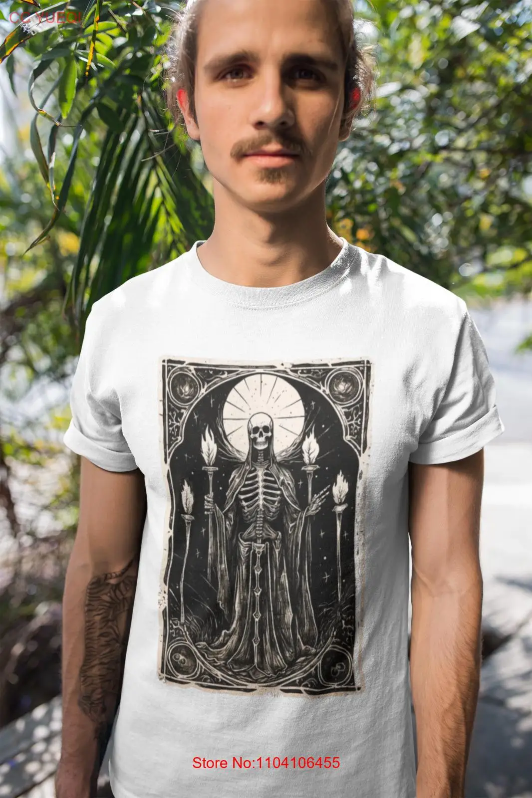 Gothic Skeleton with Torches T-Shirt – Dark Occult-Inspired Design, Mystical Uni