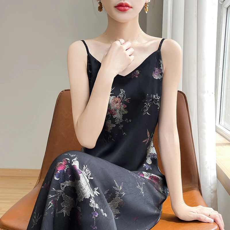 Satin Chinese Jacquard Strap French Dress 2025 Summer New Style Slimming Long Dress with Chinese Style Strap Skirt