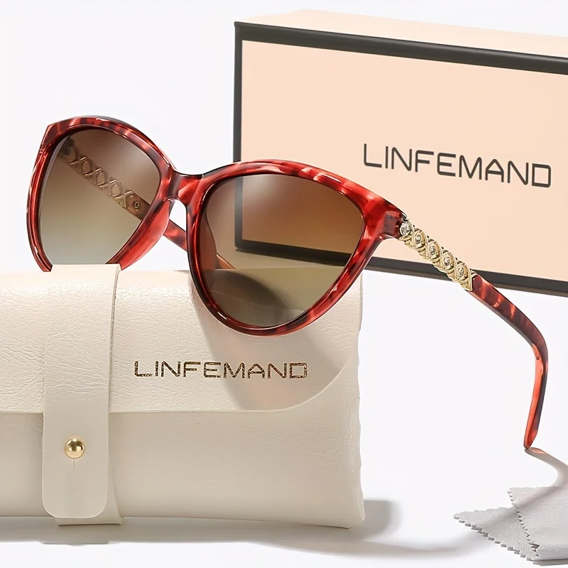 LINFEMAND Cat Eye Dekorative Mode Sonnenbrille UV400 Marke Graviertes Design Sommer Festival Geschenk – Detail 9