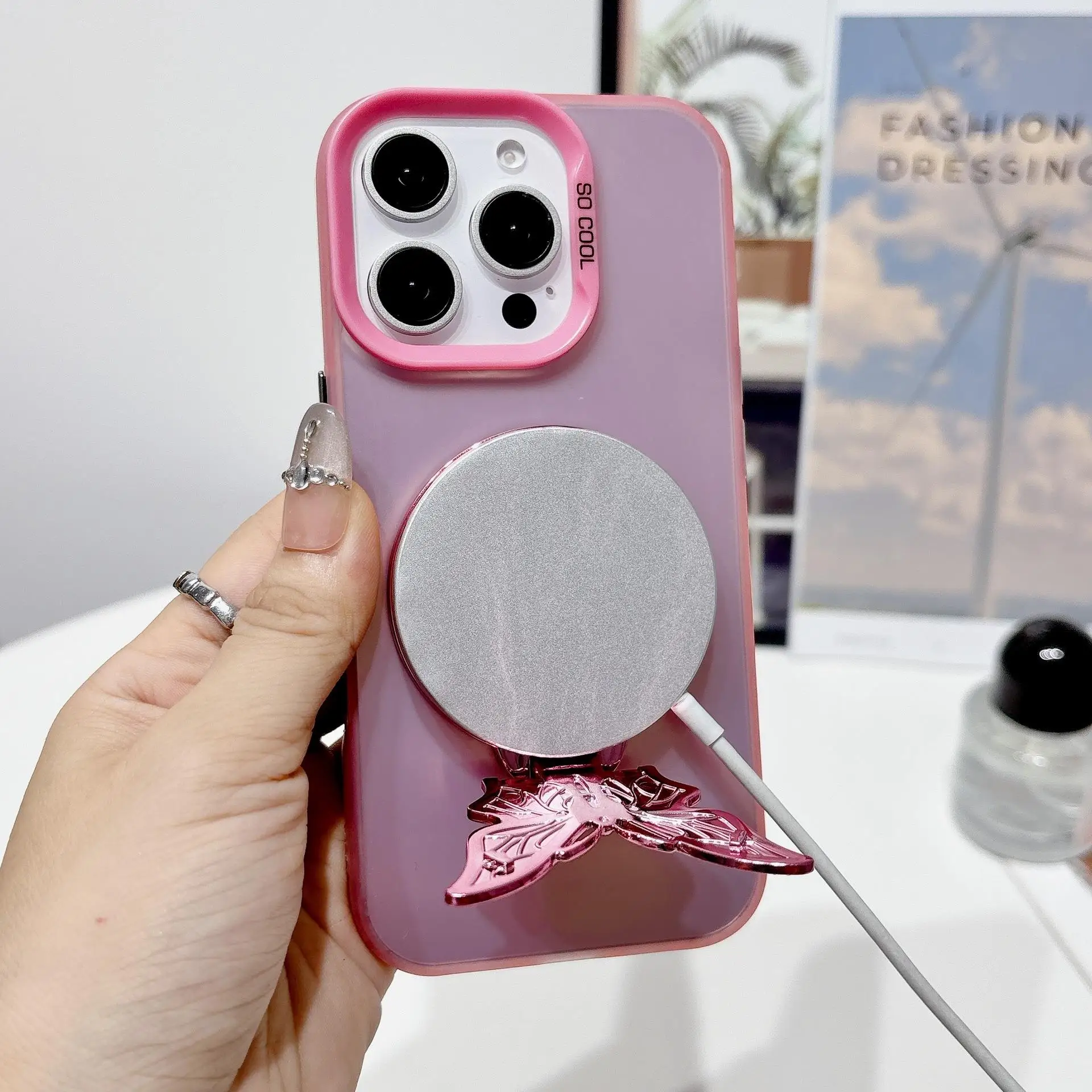 ที่วางโทรศัพท์พลาสติกแบบมีกลิตเตอร์รูปผีเสื้อสไตล์เกาหลี สำหรับ Magsafe แม่เหล็ก สำหรับ iPhone ที่วางโทรศัพท์มือถือ ของขวัญ แหวนตั้งโทรศัพท์