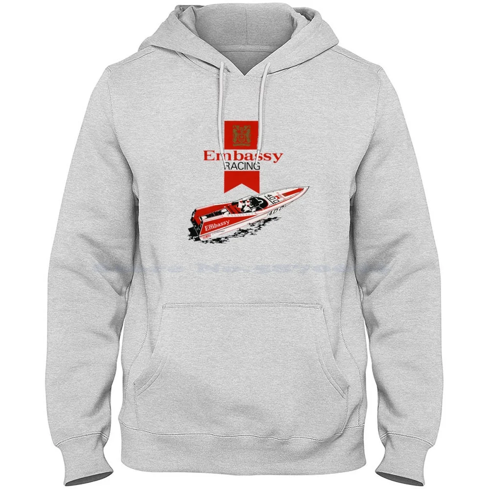 1970s Embassy Racing Boat. 100% Cotton Hoodie Embassy Offshore Racing Inboard Cigarette Powerboat Ocean Red Gold Hill