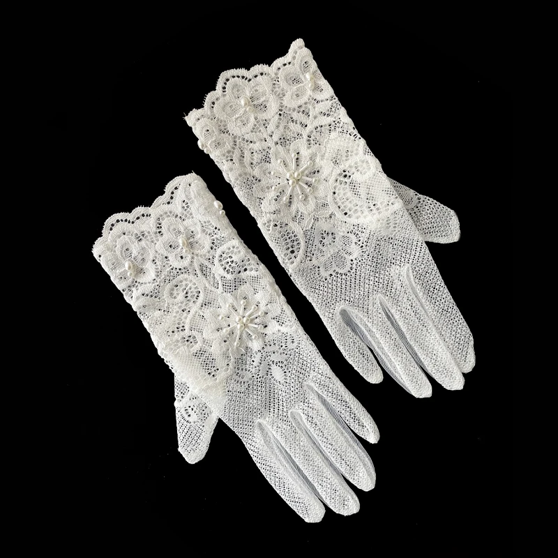 WG144 Элегантные кружевные свадебные перчатки, короткие свадебные перчатки ручной работы с бисером, аксессуары для фотостудии для невесты