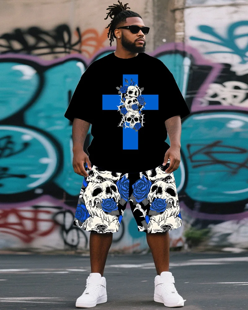 

S-9XL Men's Large Size Hip-Hop Skull Cross Short-Sleeved T-Shirt Shorts Two-Piece Set