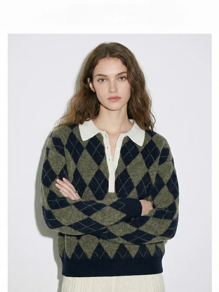 

Retro Academic Sle Woolen Knitted Sweater Women's Loose Fit Overhead Coat Autumn Winter Soft Plaid Pattern Turn-down Collar