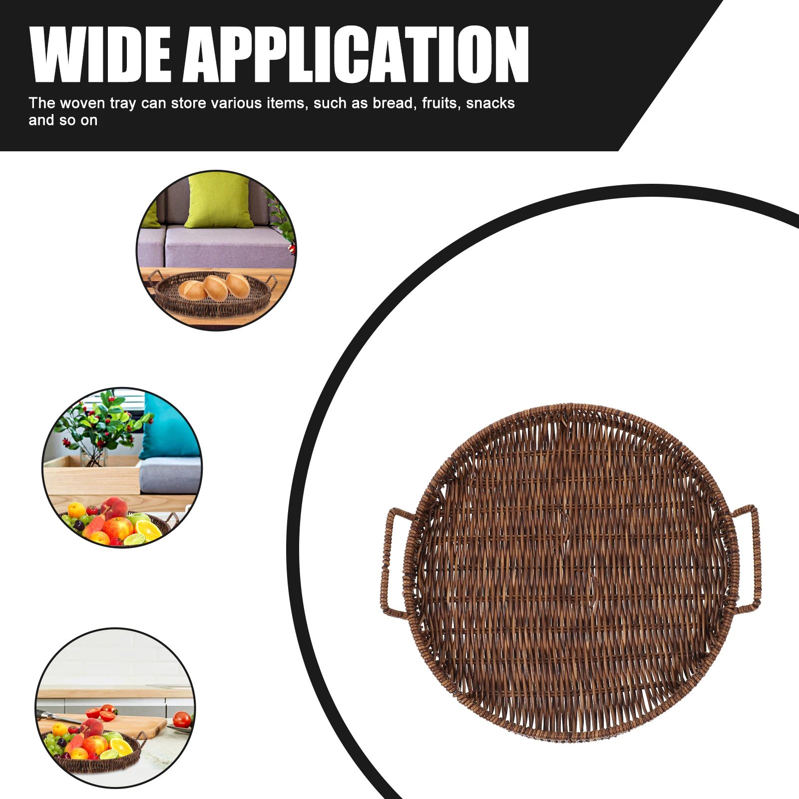 

Round Bread Serving Snack Tray With Handles Woven Storage Basket For Fruits Multi-Function Round Wicker Tray Coffee Table Decor