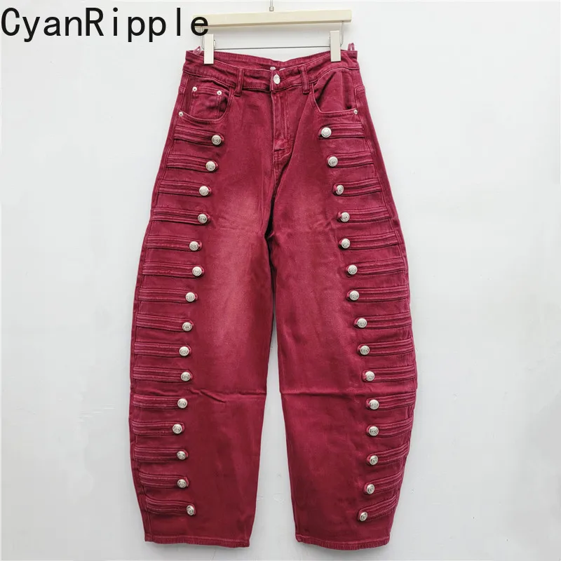 American High Street Wine Red Single-breasted Straight Jeans Hip-hop Style New Autumn High Waist All-match Women Denim Pants