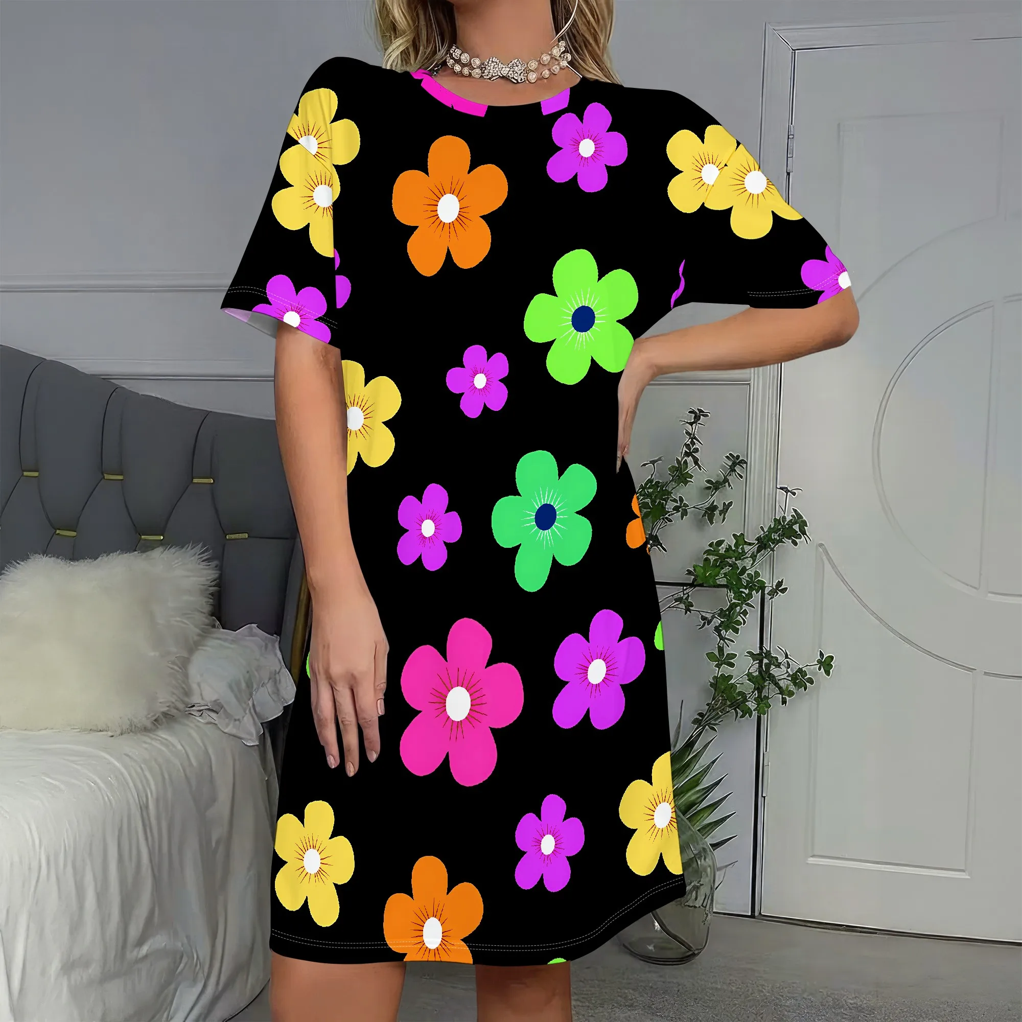 

Neon Flower, Floral Dress, Rainbow Print Summer Shift, Colorful Tee Dress Casual Party Wear, Black Base A-Line Mini, S-2XL