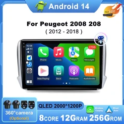 9 inch QLED Android14 For Peugeot 2008 208 Series 2012 2013 2014 - 2018 Car Radio Multimedia Video Player Navigation GPS CarPlay