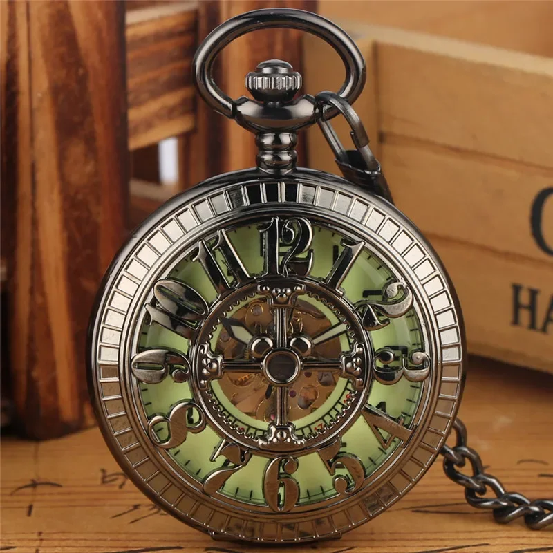 

Steampunk Full Black Unisex Handwind Mechanical Pocket Watch Arabic Number Dial Manual Skeleton Clock Pendant Chain Collectable