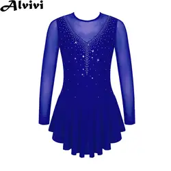 Girls Long Sleeve Figure Skating Clothes Shiny Rhinestone Ballet Dance Gymnastics Leotards Dress Sheer Mesh Patchwork Dancewear