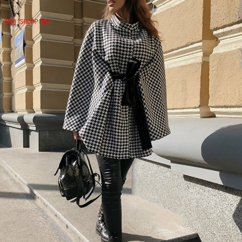 Black Cloak Women Fashion Houndstooth Cape Coat Autumn Winter Elegant Long Sleeve Pullover Sashes Casual Wool Oversize Overcoat