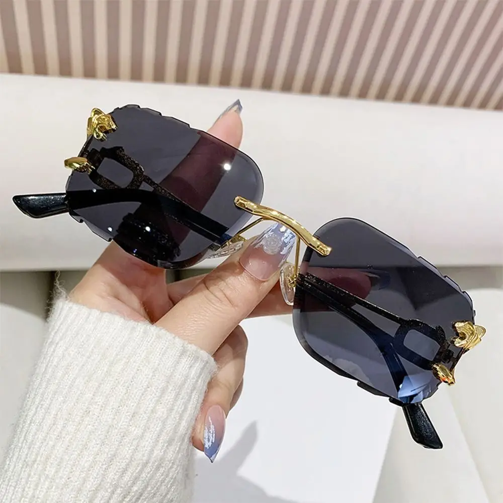 

Unique Cheetah Design Sunglasses Trendy Rimless Cut Edge Sunglasses Cool Metal Temples Rectangle Sun Glasses Retro Shades