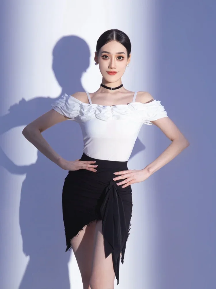 여성용 ort Sve One oulder Practice orm 탑 화이트 룸바 차차 삼바 카우보이 라틴 댄스 의상