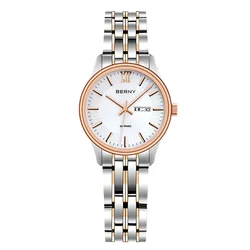 BERNY-reloj de cuarzo para mujer, pulsera de vestir de acero inoxidable, cristal de zafiro, fecha automática, resistente al agua, de lujo