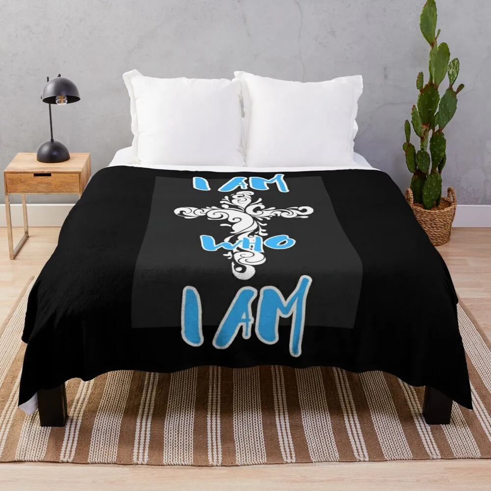 Cross with I am who i am in artistic style happy cute anime christian gifts Throw Blanket Furrys blankets and throws Blankets