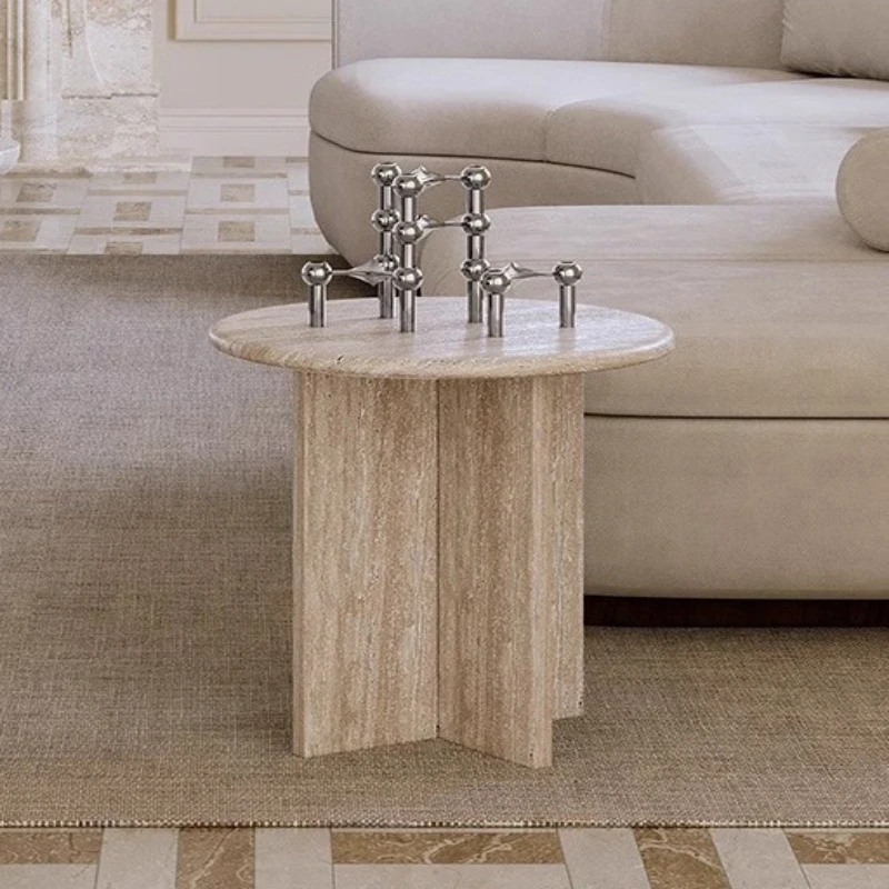 Small apartment natural travertine round coffee table simple modern living room marble countertop
