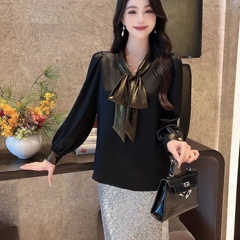 Temperament V Neck Contrast Blouse Spring Autumn Long Sleeve Bow Lacing Loose Elegant Shirt Tops Fashion Vintage Women Clothing