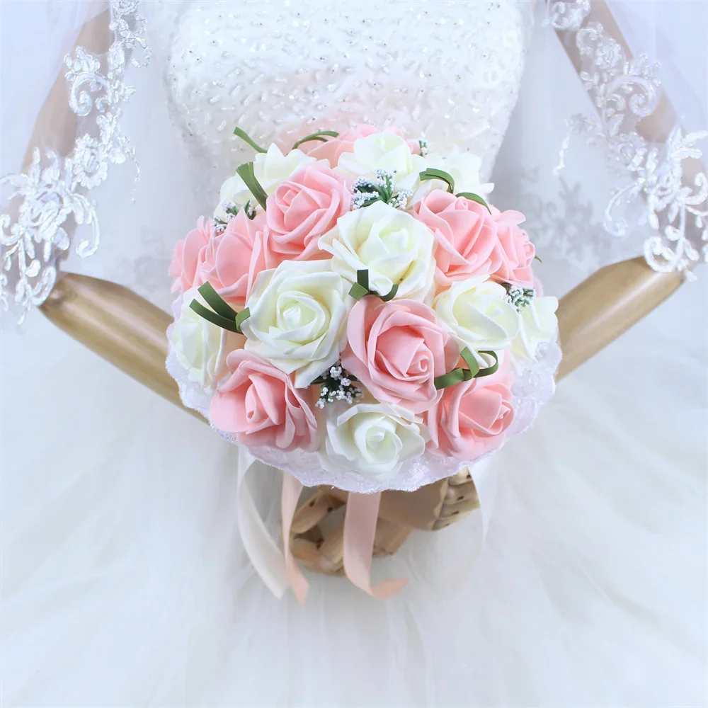 باقة الزفاف الاصطناعية زهرة الورد البولي ايثيلين وهمية اللؤلؤ باقة الأزرق وصيفه الشرف الزواج لوازم الزفاف زينة مشط