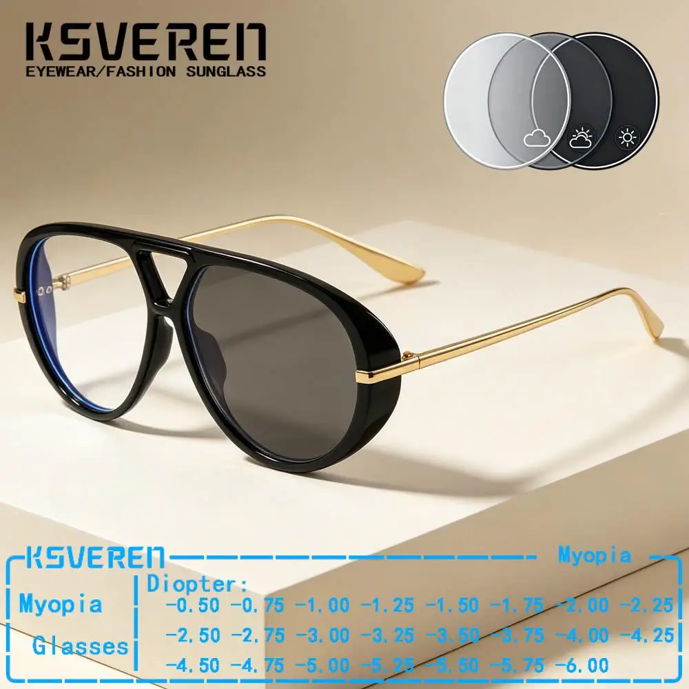 

Double Bridge Pilot Black Frame Photochromic Myopia Glasses Men Women Trendy Prescription Eyewear Clear Lens Outdoor Discolor