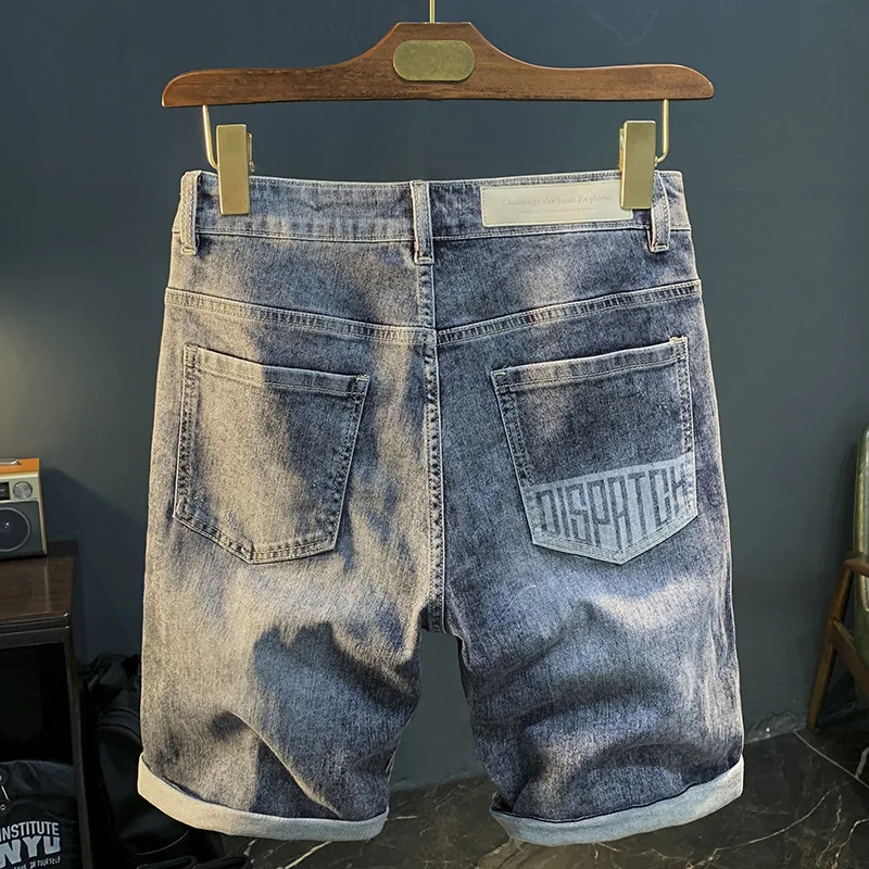 

2024Summer new denim shorts men's fashion brand blue shortsinskorean style printed stretch Bermuda shorts