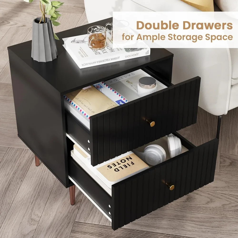 Zwarte nachtkastjes set van 2 personen, nachtkastje met opbergruimte met 2 lades, modern nachtkastje en bijzettafeltje van hout met rosé goud