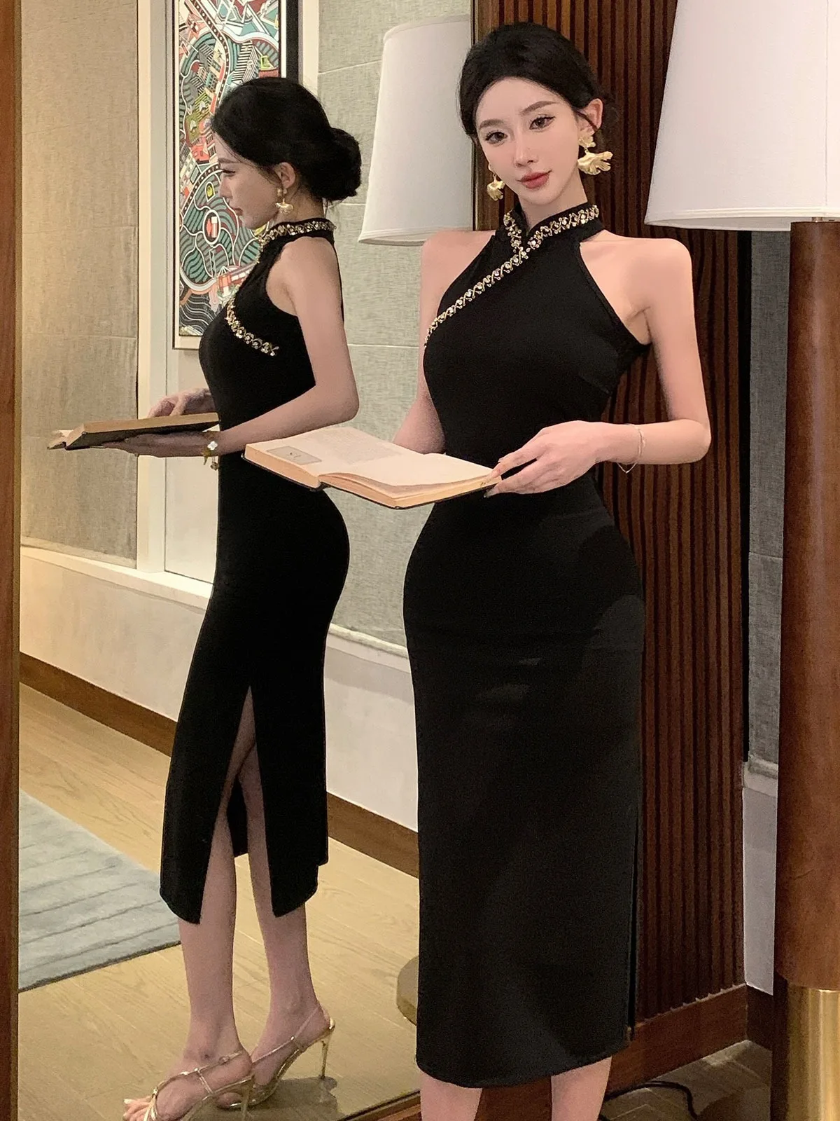 レトロな高級チャイナドレス、若いスタイルの女の子向け、セクシーなウエストシェイプ、スリムでセクシーな新作チャイナドレス、ヴィンテージロングチーパオ、斜め襟