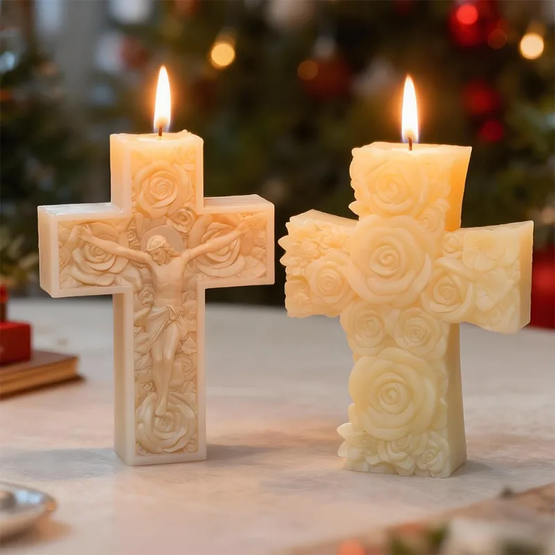 New Jesus Cross Character Candle Silicone Mold 3D Relief Rose Flower Cross Craft Gypsum, Cement, Soap Mold. Religious decorative view 3