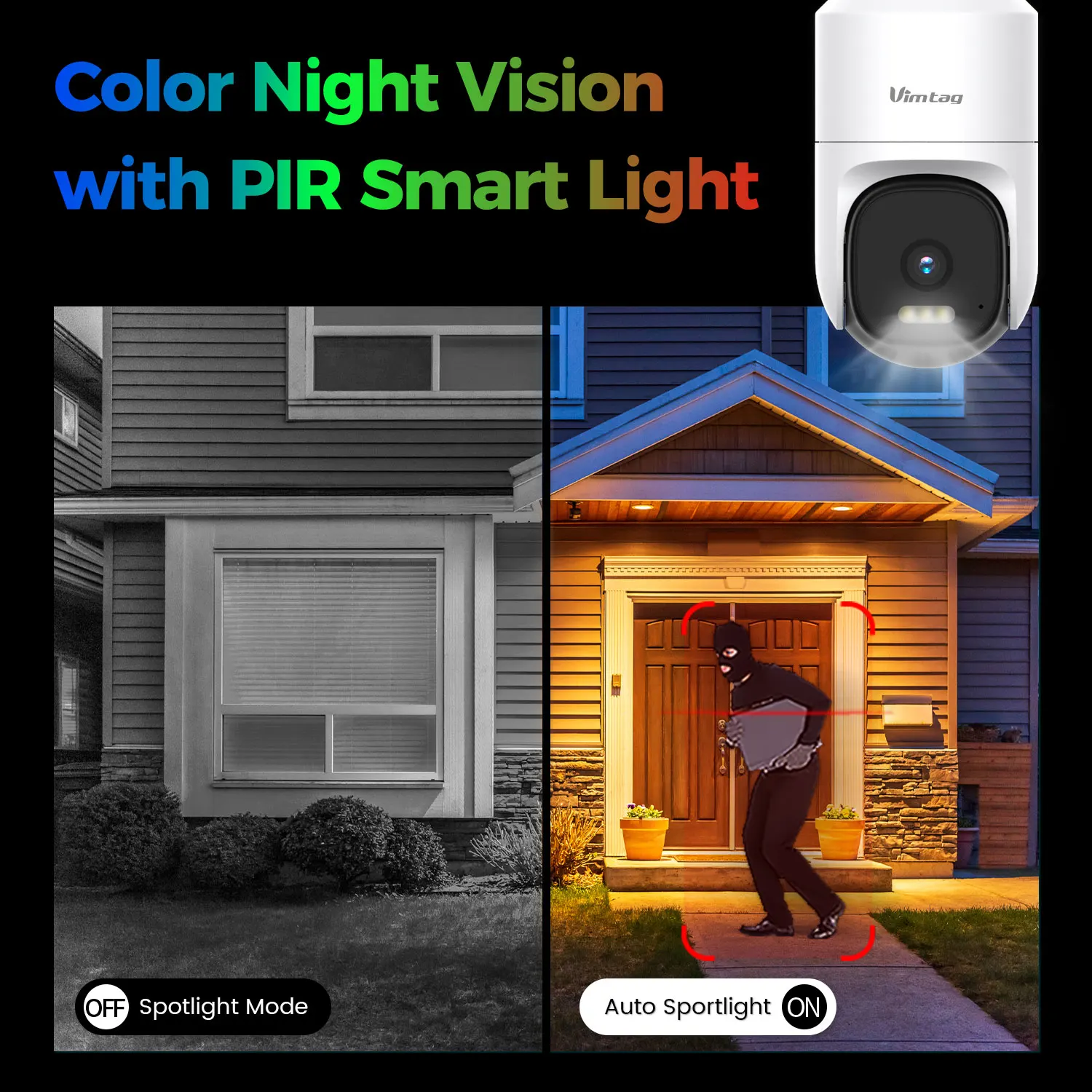 VIMTAG 3.5K/6MP Caméra Surveillance WiFi Extérieur, CCTV IP Caméra 360° PTZ,Vision Nocturne Couleur,Notifications en temps réel,Suivi Automatique, Lampe intelligente PIR, Étanche IP66 ,Compatible avec Alexa ONVIF