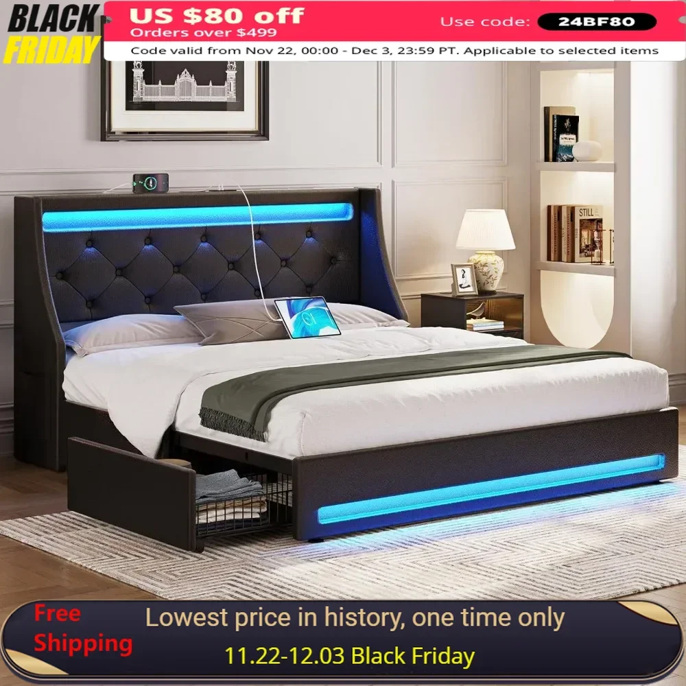 

Queen Size Bed Frame with LED Light and Charging Station, Drawers, Wooden Slats, Easy Assembly, Noise Free, PU Leather Bed Frame