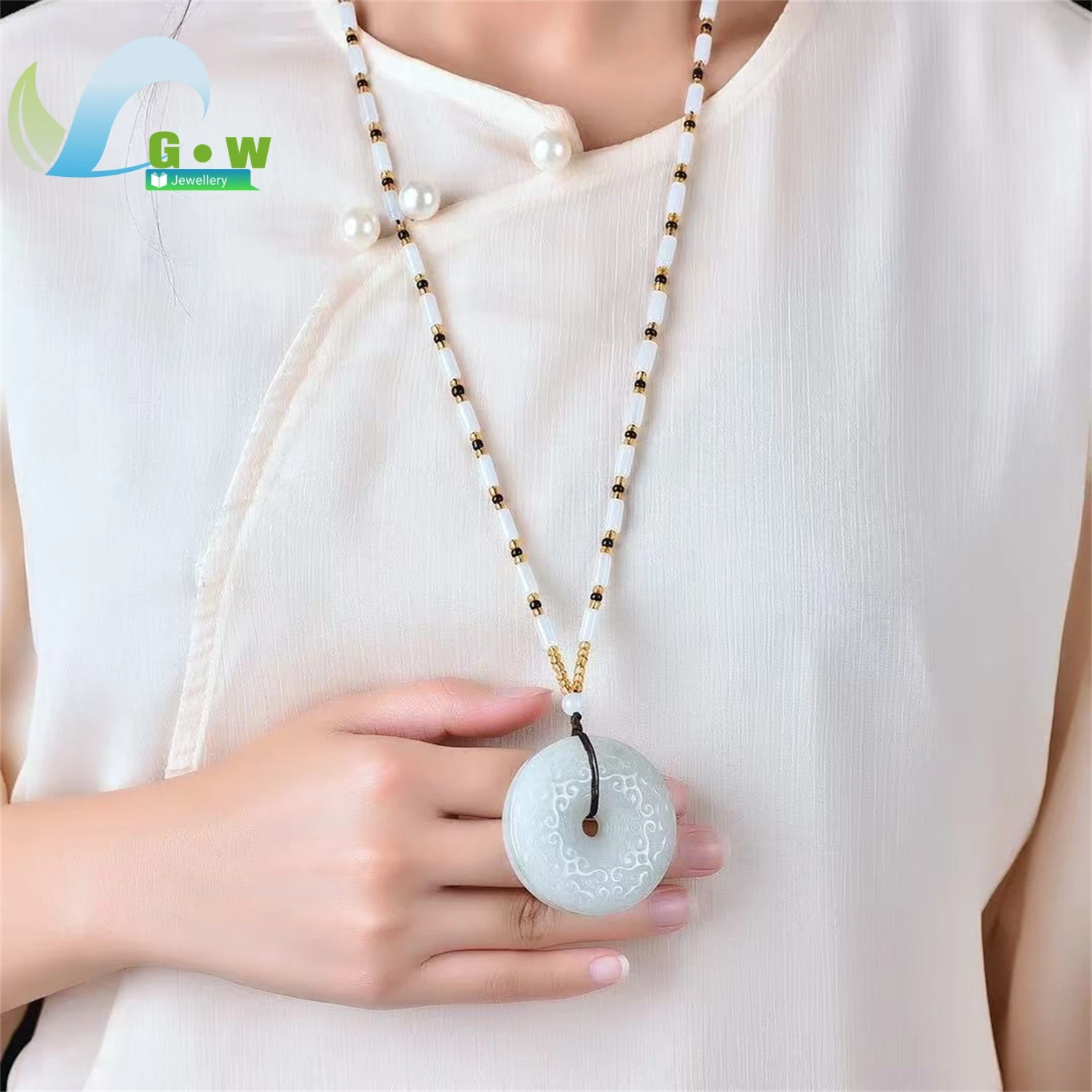 Natural Tianshan Jade Safety Pendant Round Necklace Couple Unisex Valentine's Exquisite Retro Ethnic Style Jewelry Gift