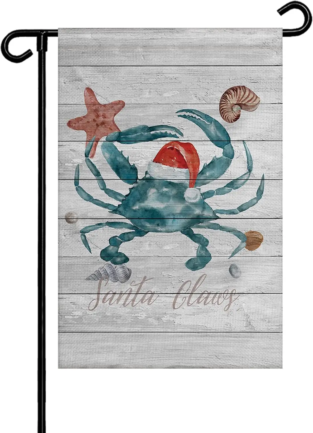 Christmas Crab Garden Flags 12 x 18 Inch Double Sided, Burlap Welcome Home Banner, Xmas Snata Claus Coastal Starfish Wood Garden