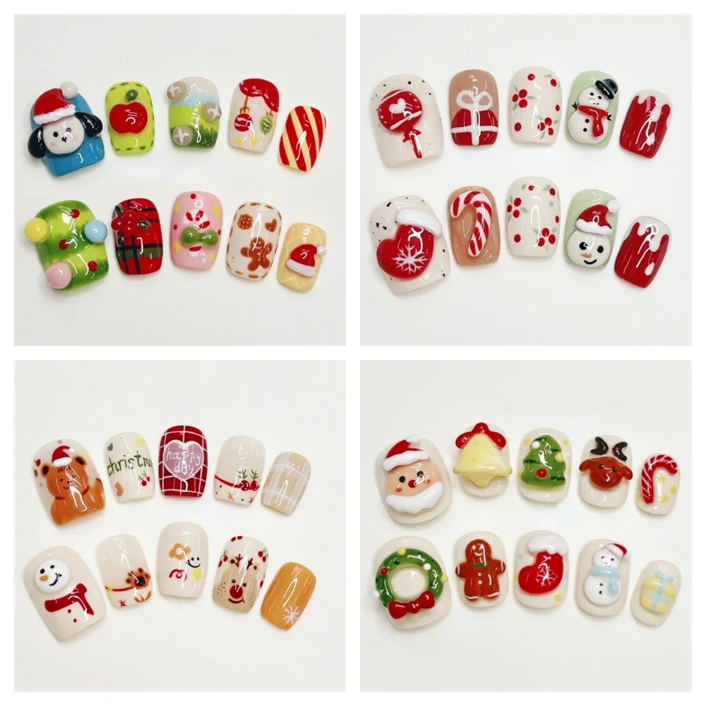 10 Pcs Handmade Press On Nails 2024 Christmas New Painting Cute Limited Short Square False Nails Design Art 3D Nails with Set