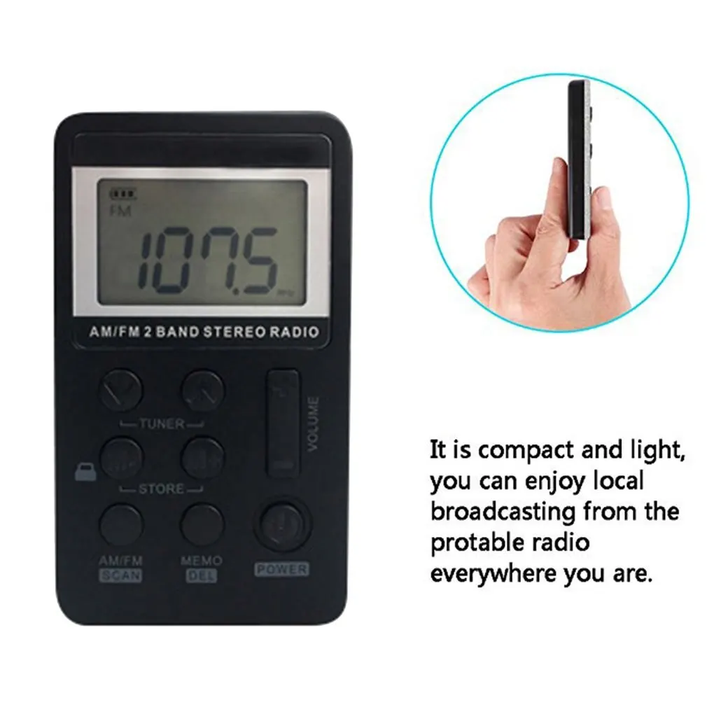 

Mini AM/FM Radio Portable Dual Band Stereo Pocket Tiny Digital Radio Receiver With LCD Display & Earphone & Rechargeable Battery