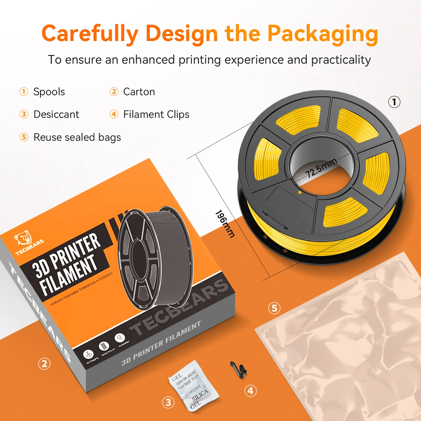 TECBEARS ABS 3D-Drucker-Filament, 5 kg/5 Rollen, ABS 1,75 mm ±0,02 %, Schwarz-Weiß-Filament-Set, keine Blasen, hohe Zähigkeit, passend für die meisten FDM-3D-Drucker