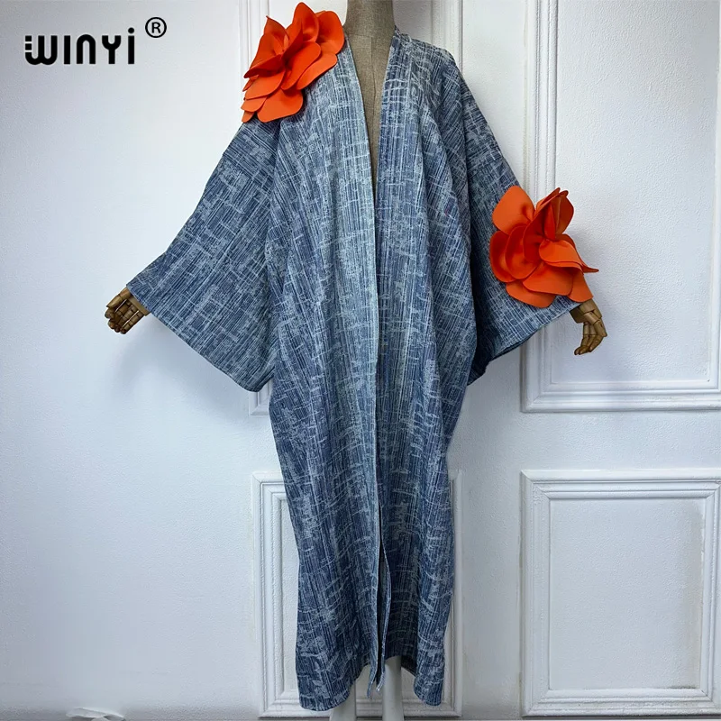 WINYI-Kimono en denim délavé, modèle passerelle, cardigan maxi, robe élégante, fête, vacances, natation, plage, couverture, mode abaya