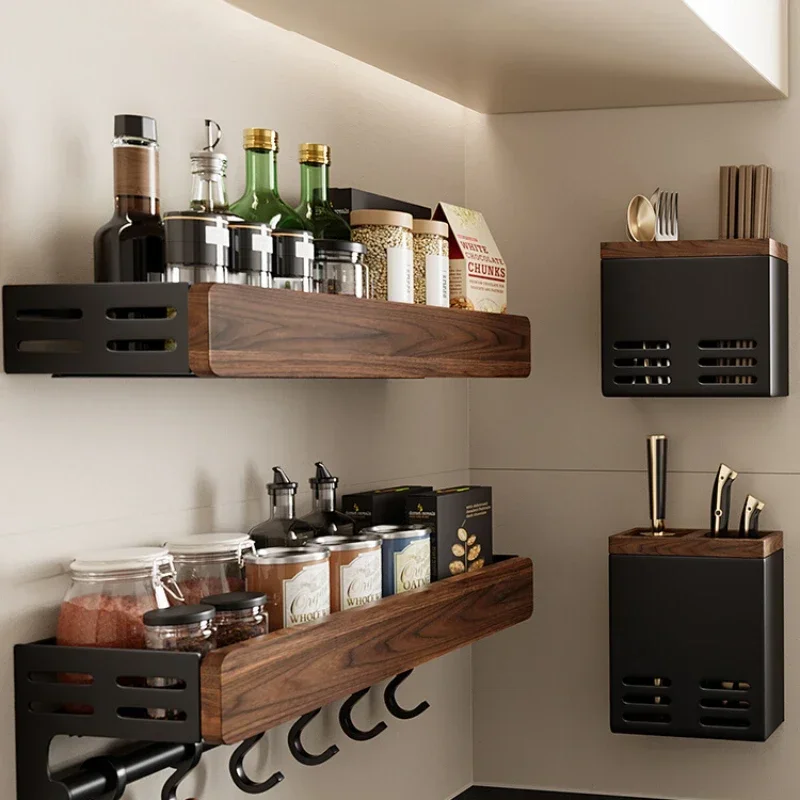 

Walnut Wood Kitchen Storage Rack Wall Mounted Spice Organizer No-Drill Cloth Hanging Stand Multi-Functional Storage Shelf