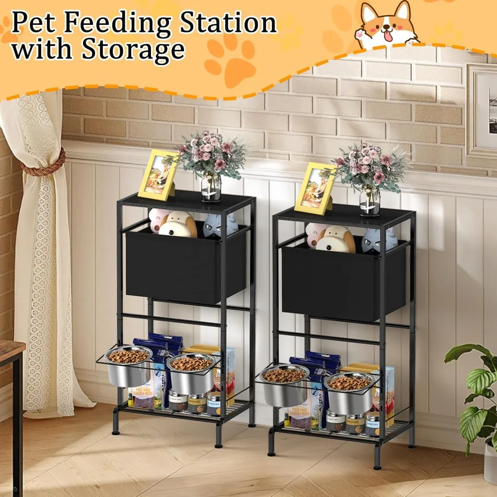 

Регулируемая по высоте многофункциональная подставка для мисок для собак с 2 контейнерами из нержавеющей стали и корзиной для хранения игрушек