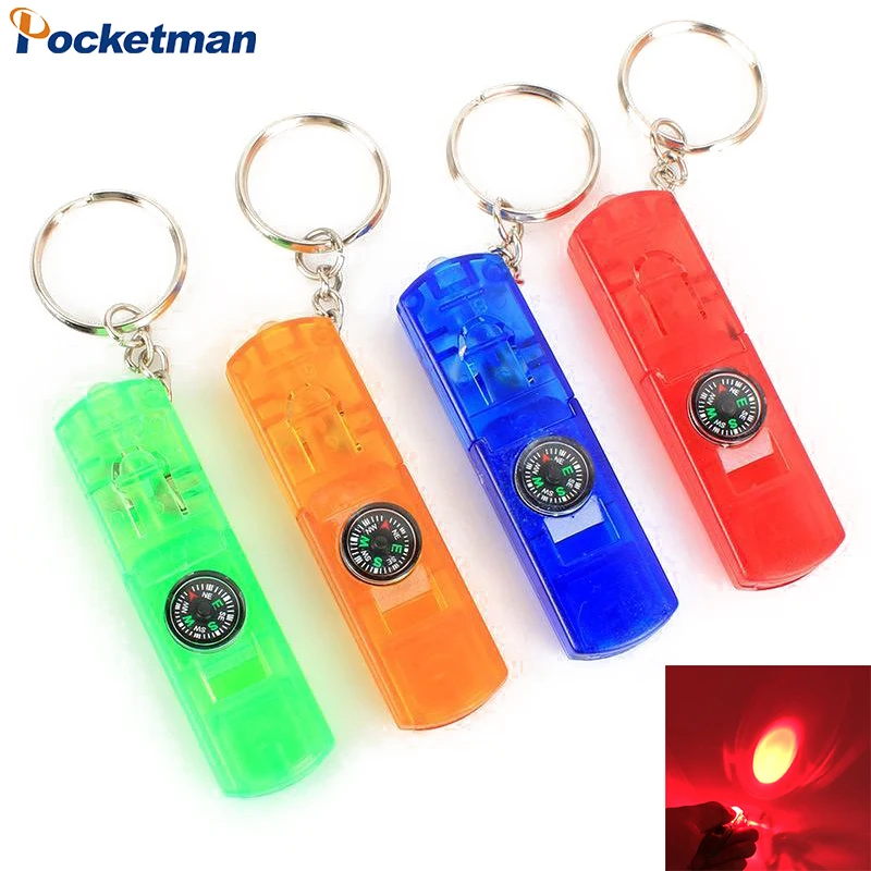 Mini Keychain Led Flashlight Pocket Red Light Torch Outdoor Whistle Emergency Compass Survival Portable Adventure Camping Light