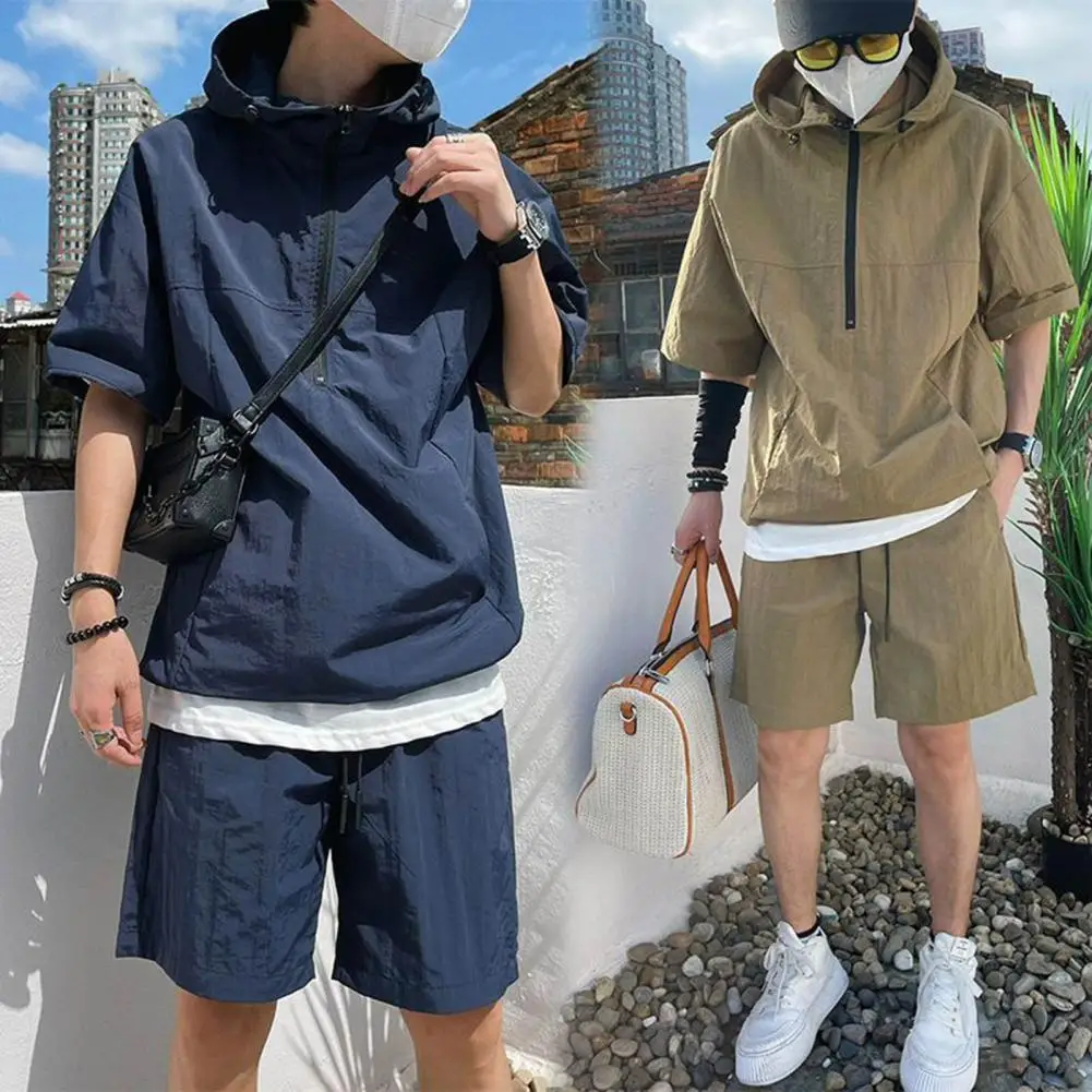 Men Hooded Top Shorts Set Men's Hooded T-shirt Wide Leg Shorts Set Solid Color Loose Fit Outfit with Zipper Neckline for A