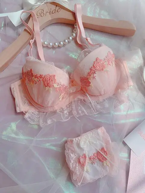 

Japanese bra set water soluble flower thin cup white sweet and cute gathered comfortable lace underwear panties show chest small